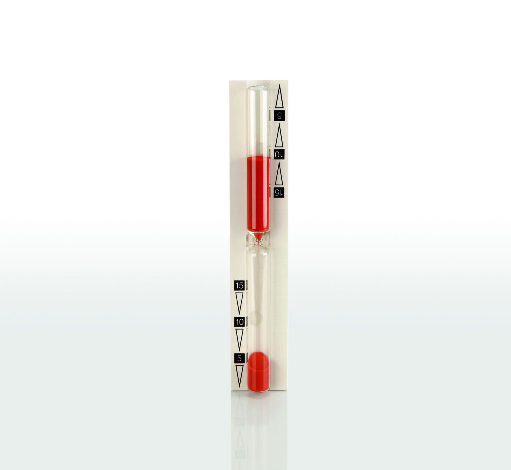 Glazen Zandloper met Rood Zand 15 minuten